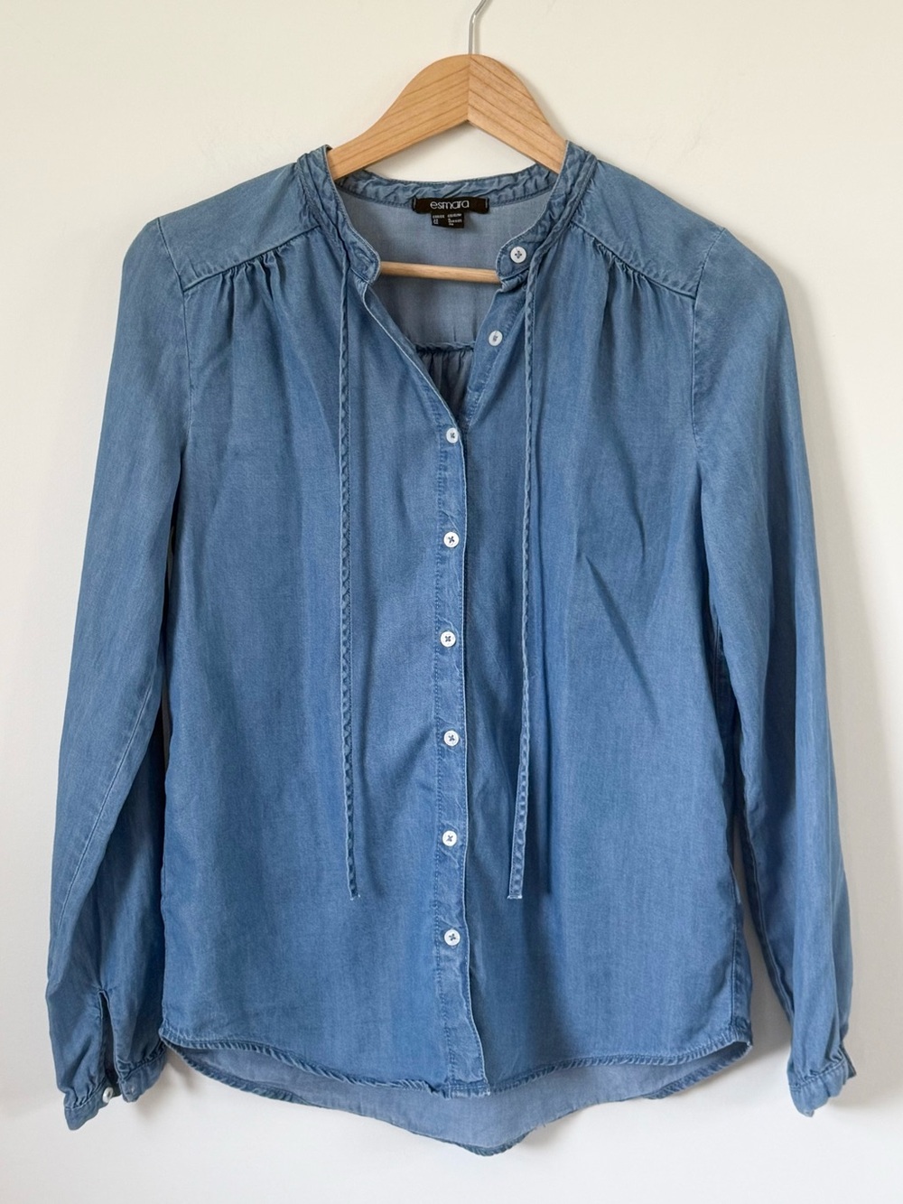 Esmara Light Blue Denim Chambray Tie-Neck Button Blouse